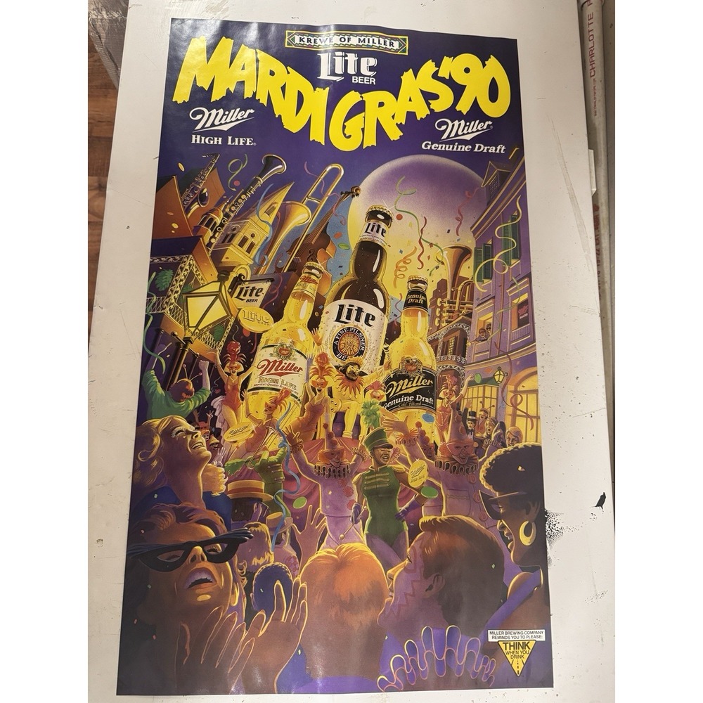 Vintage 1990 Krewe Of Miller High Life Beer Mardi Gras Poster New Orleans Art
